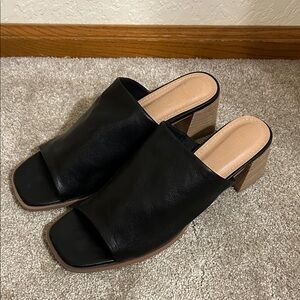 Joie Black Leather Mules with Tan Block Heel